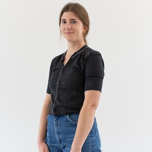 Vintage Black Button Up Thermal Crop Shirt | Rib Knit Picot Edging Cotton military henley Baby Tee | Long Underwear Overdye | XS S | BT220