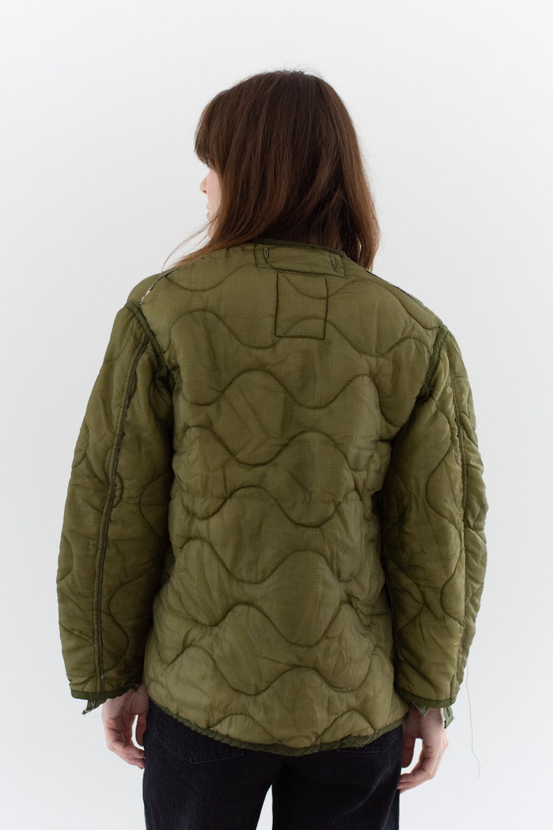Vintage Green Liner Jacket Unisex Wavy Quilted Nylon Coat S LI206 image 8