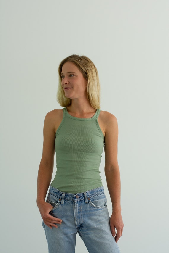 The Verona Tank Vintage Olive Green Rib Knit Tank Top Sage Base Layer  Undershirt Singlet XS S 