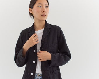 Vintage Black Overdye Classic Chore Blazer | Unisex Square Three Pocket | Cotton French Workwear Style Utility Work Coat Blazer | XS S