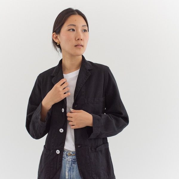 Blazer de corvée classique noir surteint vintage | Carré unisexe à trois pochettes | Veste de travail utilitaire en coton de style workwear français | TP S