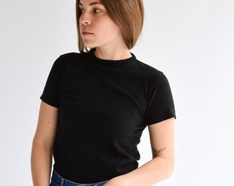 Imperfect Vintage 100% Cotton Black Crew neck Tee T-Shirt | Made in Spain | XS S | BT011