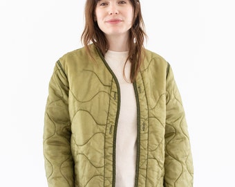 Vintage Green Liner Jacket | Unisex Wavy Quilted Nylon Coat | S | LI245