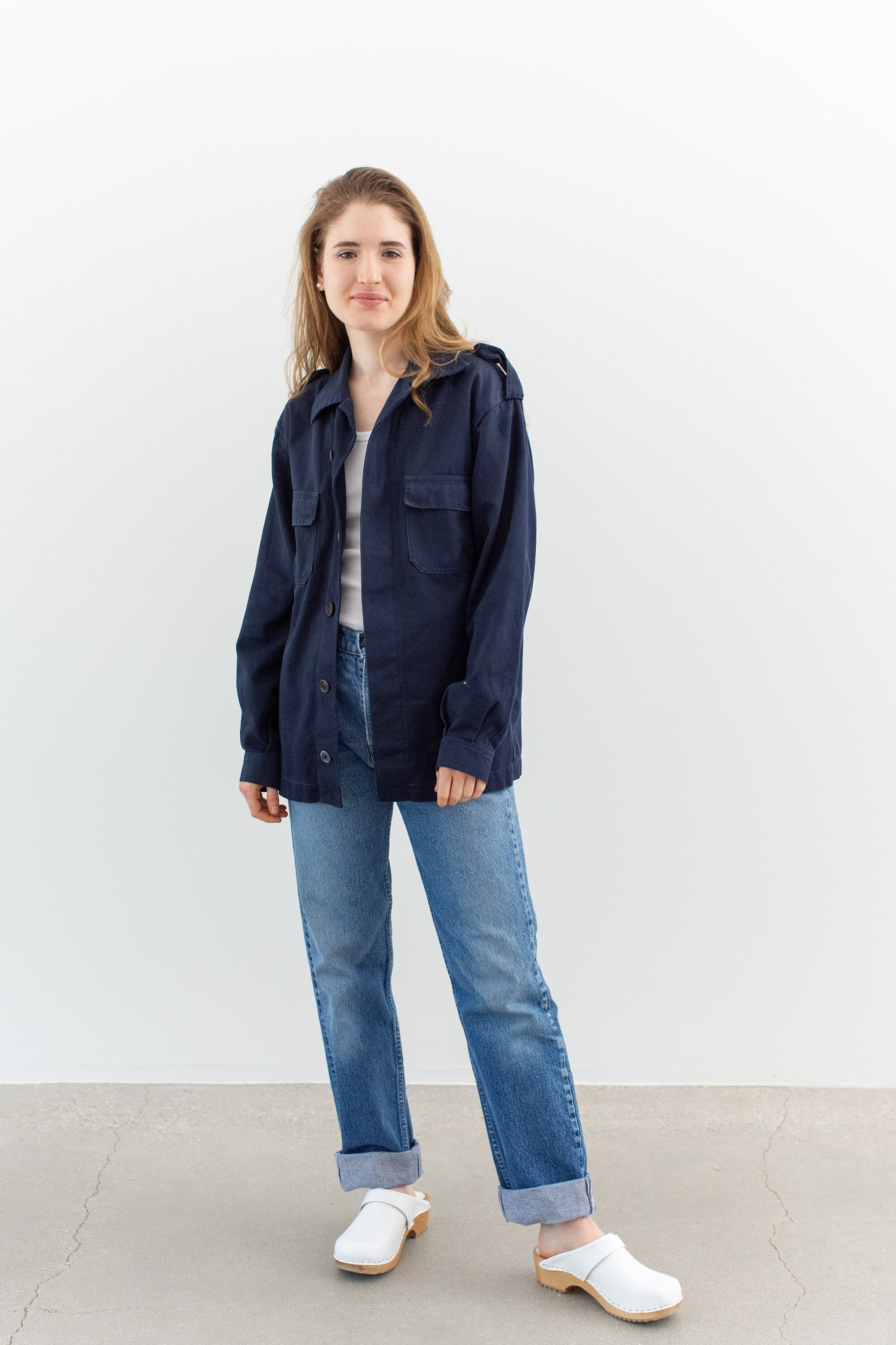 シャツ/ブラウス(長袖/七分) UNUSED OVER SIZED WORK SHIRT JACKET 0 Vintage Navy Blue Long Sleeve Overshirt | Unisex Workwear | XS S M