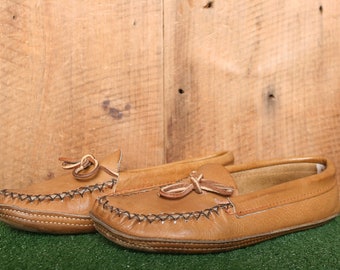 STUDIO SALE Men's Sz. 7 | Women's Size 9-9.5 Vintage Tan Leather Double Sole Moccasins - Made in Canada