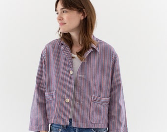 Vintage Purple Blue Red Flannel Striped Crop Shirt Jacket | Unisex Stripe Cotton Pajama Chore | European Holiday Market | L | SCJ013