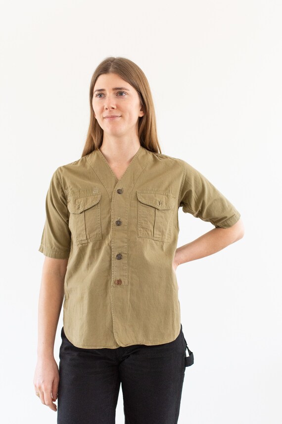 Vintage Tan Khaki Scout Shirt | Cotton Camp Button