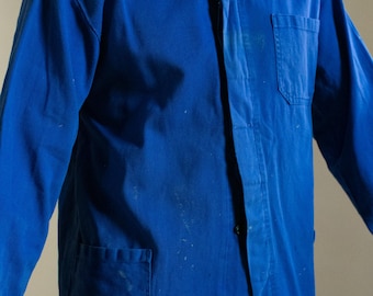 Vintage blauwe werkhemdjas | Unisex, verfblauwe katoenen werkkleding | Gemaakt in Europa | M L | J161