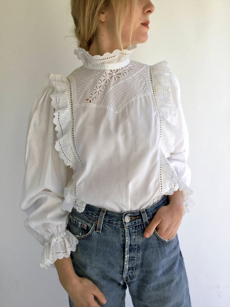 Vintage White Puff Sleeve Shirt Eyelet Floral Ruffle Folk | Etsy