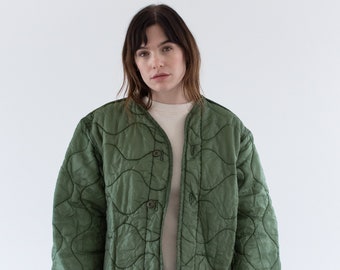 Vintage Green Liner Jacket | IMPERFECT Unisex Wavy Quilted Nylon Coat | L | LI248