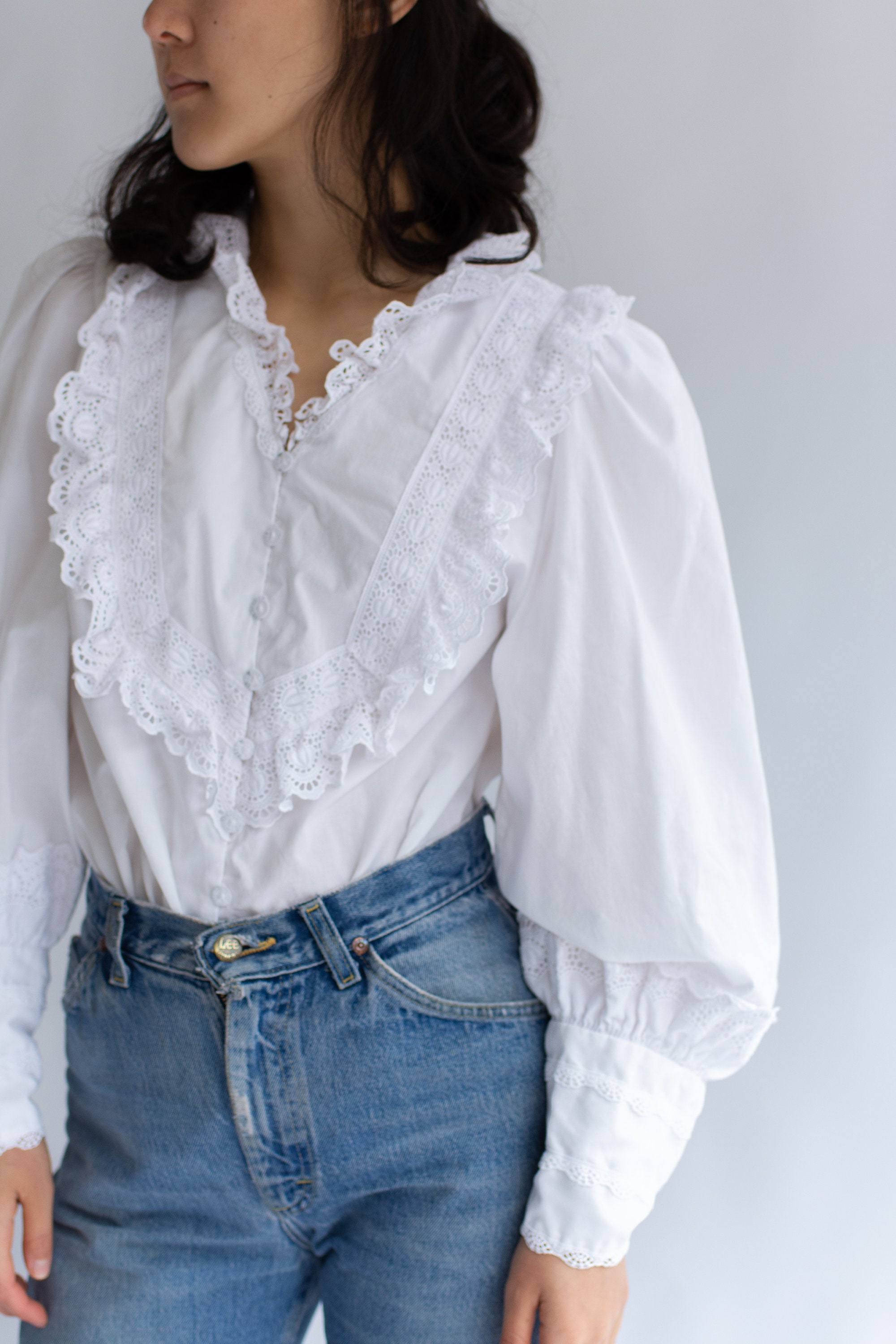 Vintage White Cotton Poet Blouse | Victorian Style Romantic Folk Shirt | S