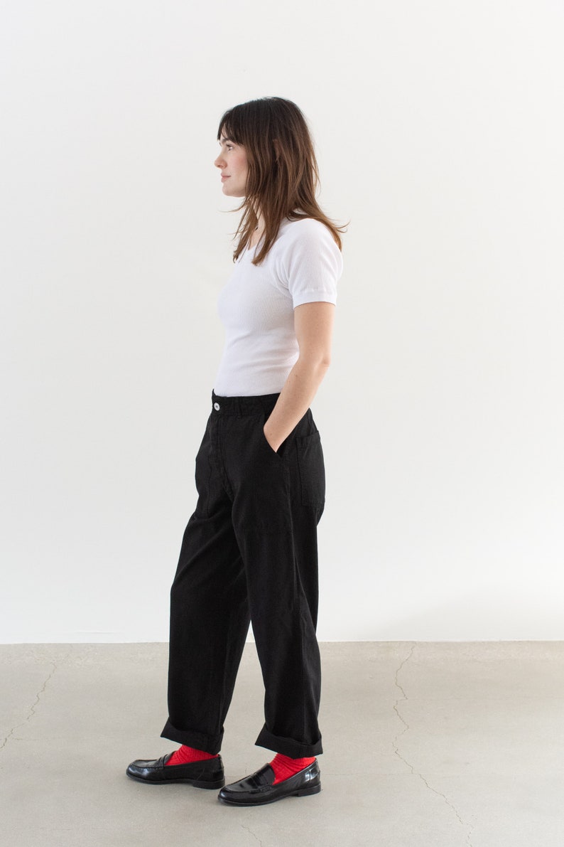 Vintage 27 28 29 Waist Black Utility Trousers Unisex Button Fly High Waist Workwear Pants P192 image 5