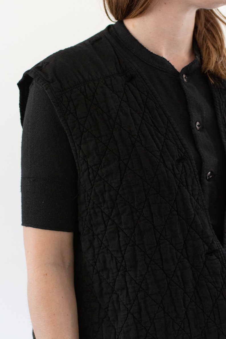 Vintage Black Quilt Cotton Vest Unisex Diamond Quilted Layer S M L XL image 4