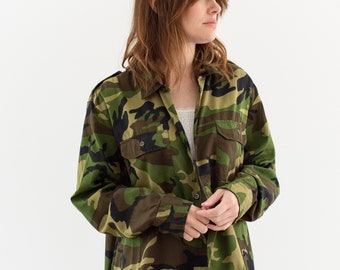Vintage Faded Green Cloud Camo OverShirt | Camouflage Cotton Button Up | L |