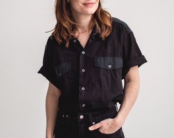 The Architect Shirt | Vintage Black and Forest Green Short Sleeve Shirt | Contrast Thread Simple Cotton Work Blouse | XS S M L XL |