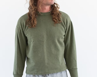 Vintage French Faded Olive Green Crew Sweatshirt | Cozy Fleece | 70s Made in France | XS S M |
