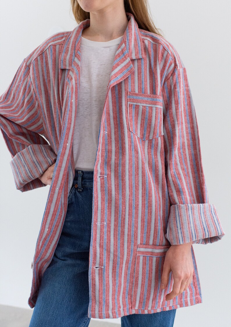 Vintage Red Blue Striped Shirt Jacket Unisex Flannel Stripe Cotton Pajama Chore shirt M L SJ010 image 4