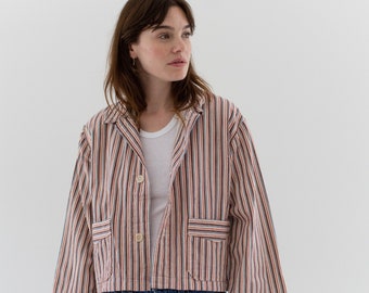 Vintage Brown Red Blue Flannel Striped Crop Shirt Jacket | Unisex Stripe Cotton Pajama Chore | M | SCJ001
