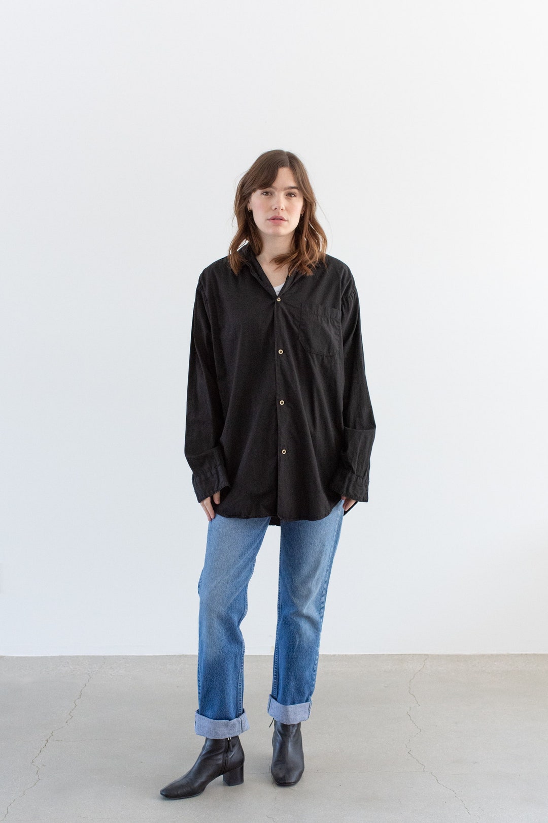 Vintage Black Long Sleeve Shirt Simple Blouse 100% Cotton Work Shirt L ...