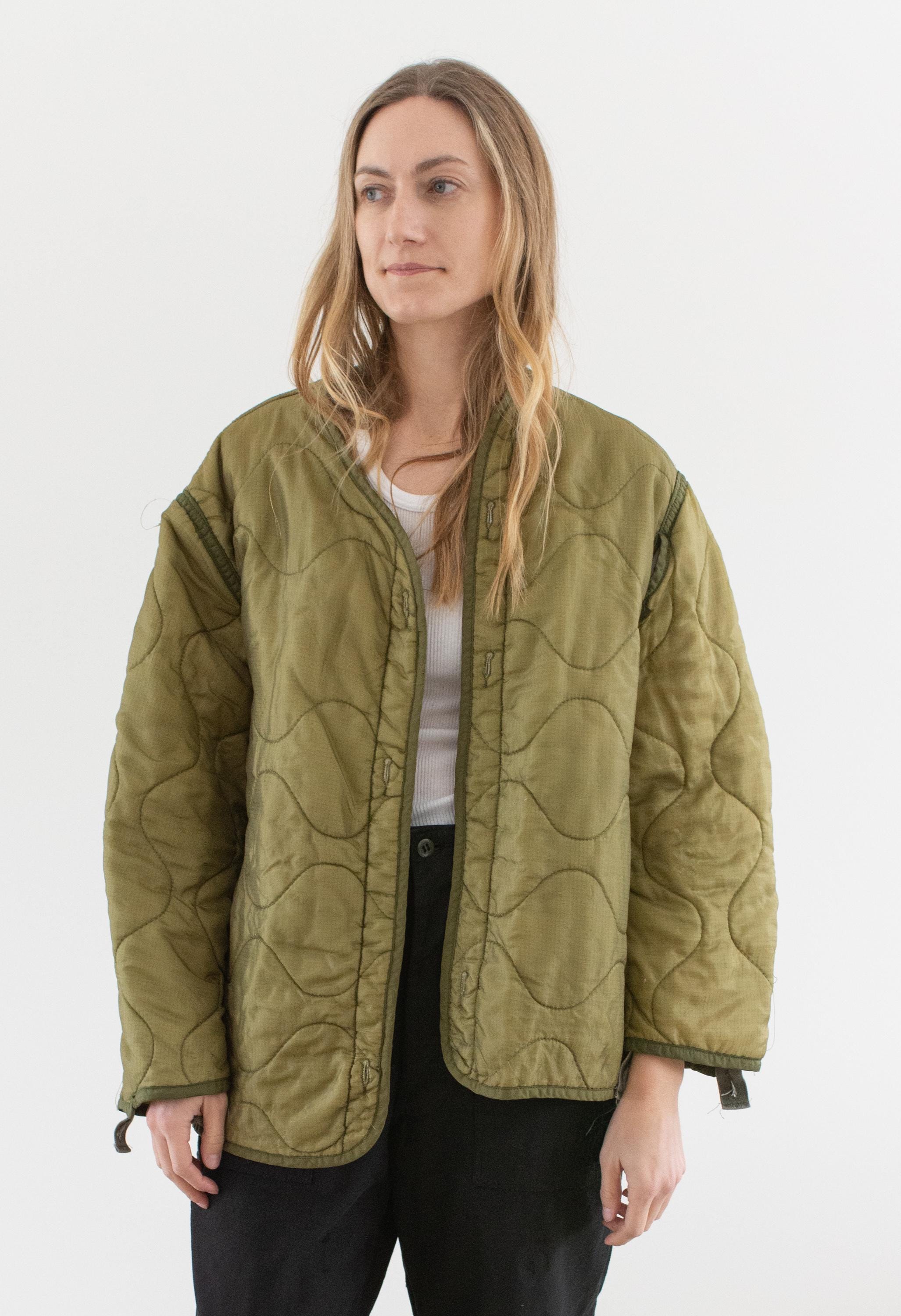 Vintage Green Liner Jacket | Unisex Wavy Quilted Nylon Coat
