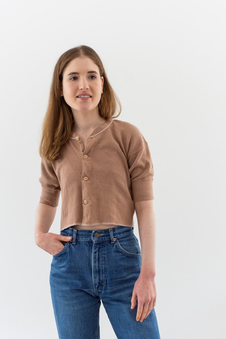 Vintage Ballet Pink Button Up Crop Thermal Shirt Rib Knit Picot Edging Cotton Undershirt XS S PT02 image 2