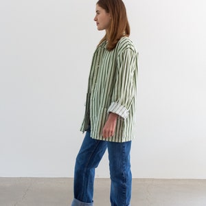 Vintage Green White Striped Shirt Jacket | Unisex Flannel Stripe Cotton