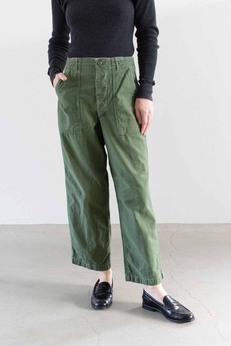 Vintage 27 Waist Olive Green Army Pants Unisex Utility Fatigues Military Trouser Button Fly F544 image 3