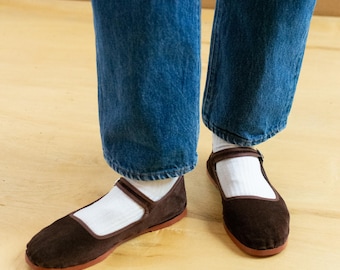 Chocolate Brown Velvet Mary Janes Made in China | Studio Flats Shoes 35 36 37 38 39 40 41