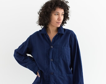 Vintage True Blue Overdye Flannel Chore Shirt Jacket | Dark Blue Cotton Blazer | M L |