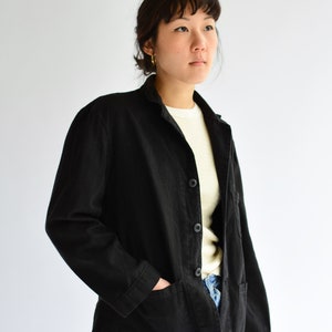 Vintage Black Overdye Classic Chore Jacket Unisex Square Three Pocket Cotton French Workwear Style Utility Work Coat Blazer XS S M L Black Button