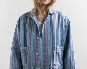 Vintage Blue Gray Red Flannel Striped Crop Shirt Jacket | Unisex Stripe Cotton Pajama Chore | European Holiday Market M L SCJ027