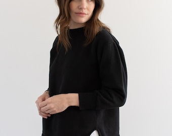 Vintage French Overdye Black Crew Sweatshirt | Unisex Cozy Fleece Quarter Puff Sleeve | 70s Made in France | XS S M L |