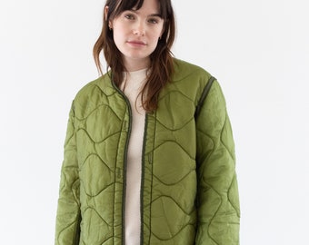 Vintage Celery Green Liner Jacket | Unisex Wavy Quilted Nylon Coat | S | LI260