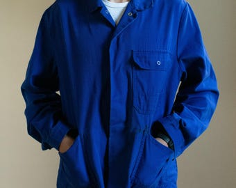 Vintage blauwe werkhemdjas | Unisex kobaltblauwe katoenmix met drukknoopsluiting | Gemaakt in Europa | M L | J158