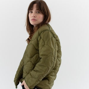 Vintage Green Liner Jacket Unisex Wavy Quilted Nylon Coat S LI206 image 7