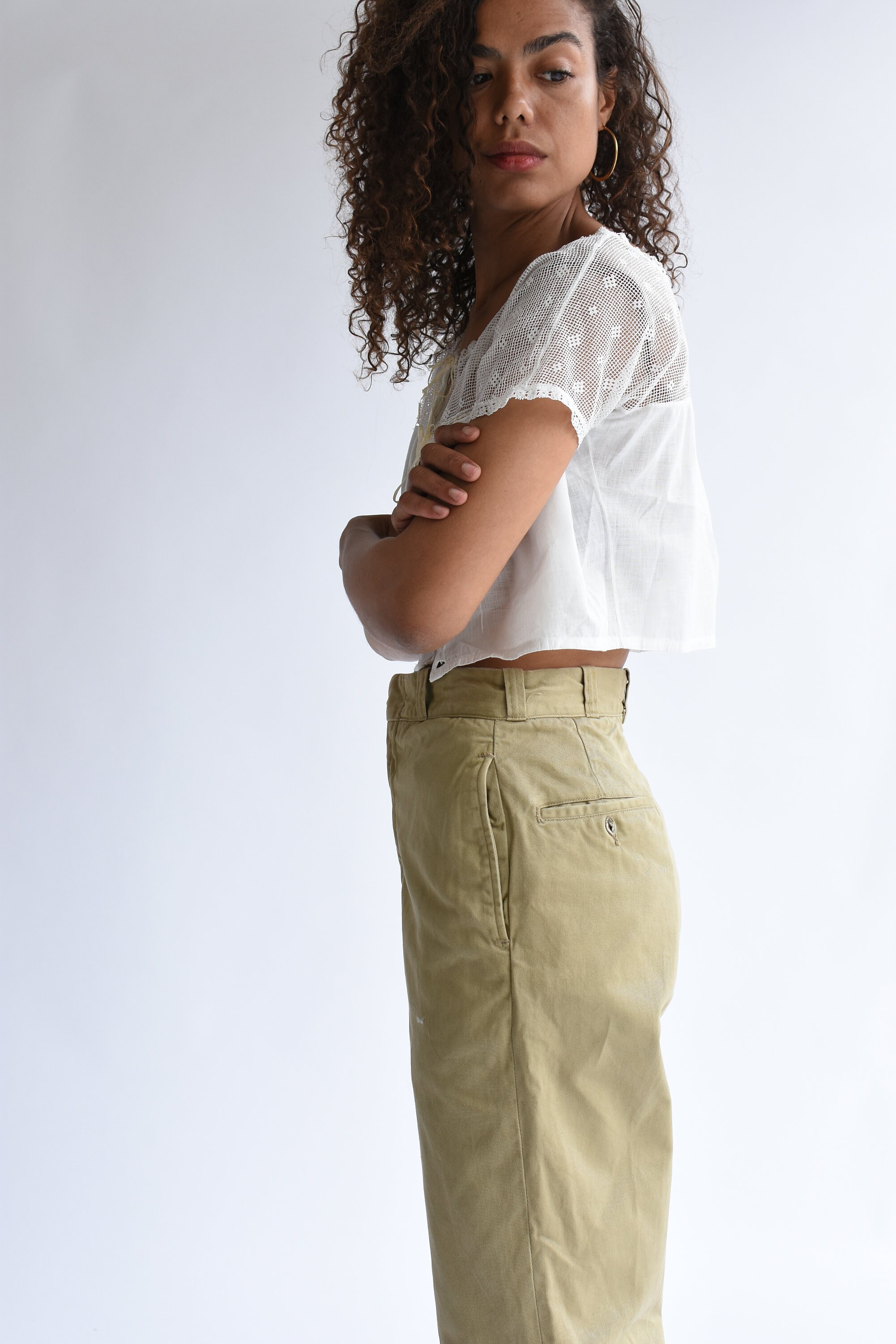 Vintage 24 25 26 High Waist Khaki Twill Chinos Wide Leg Pant Beige