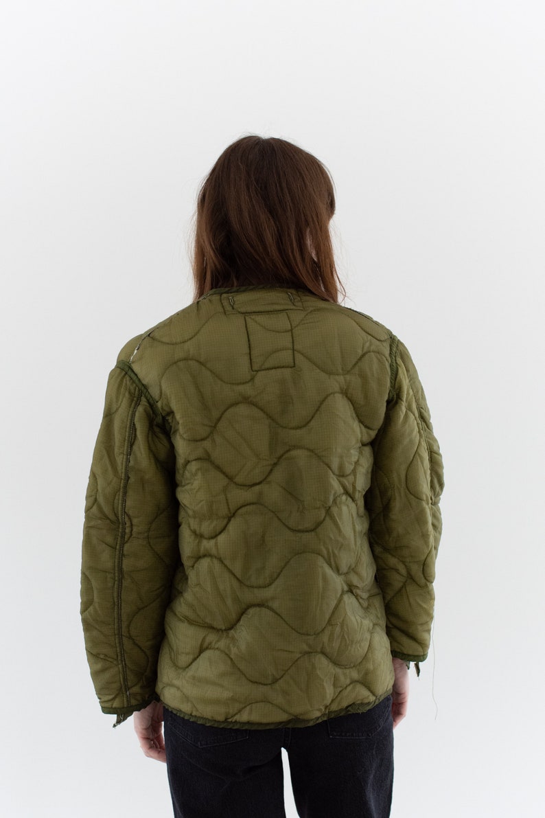 Vintage Green Liner Jacket Unisex Wavy Quilted Nylon Coat S LI206 image 9