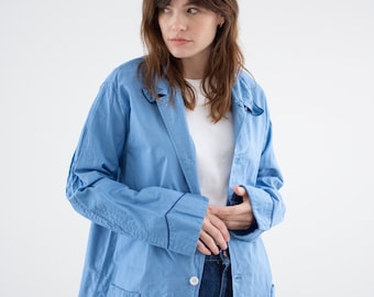 Vintage Light Sky Blue Chore Jacket | Navy Piping Unisex French Lightweight Cotton Utility Workwear Pyjama | M |