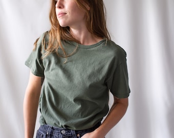 The Sevilla Tee | Army Green Crew T-Shirt | Olive Green Cotton Crewneck Tee Shirt | Washed Deadstock | S M