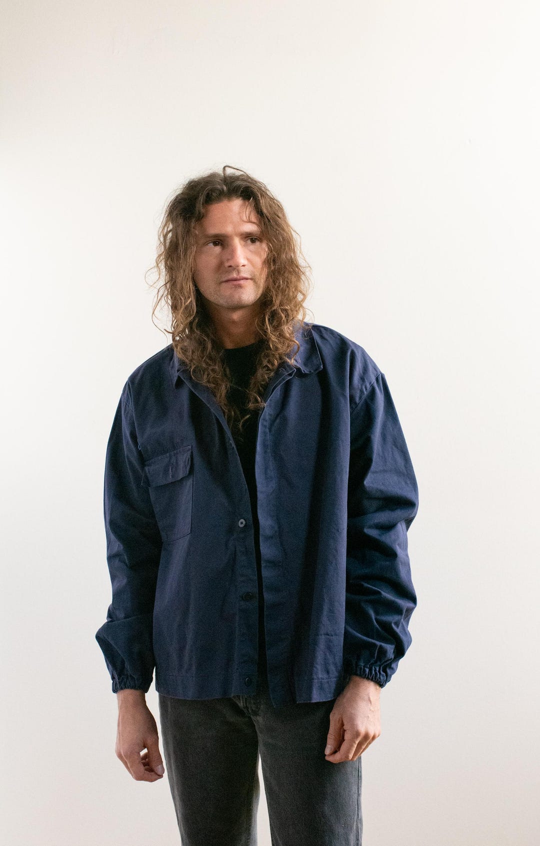 Vintage Navy Blue Chore Work Jacket Blouson | Unisex Cotton Single