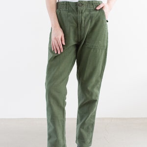 Vintage 30 Waist Olive Green Army Pants Unisex Utility Fatigues Military Trouser Zipper Fly F487 image 3