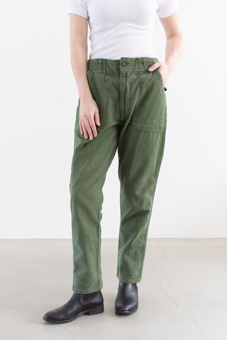 Vintage 30 Waist Olive Green Army Pants Unisex Utility Fatigues Military Trouser Zipper Fly F487 image 3