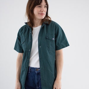 Vintage Dark Teal Short Sleeve Work Shirt Unisex Narrow 60s Cotton OverShirt Made in USA XS image 1