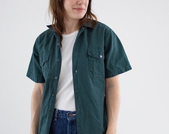 Vintage Dark Teal Short Sleeve Work Shirt | Unisex Narrow 60s Cotton OverShirt | Made in USA | XS |