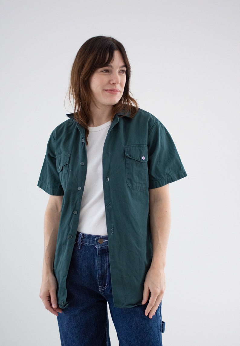 Vintage Dark Teal Short Sleeve Work Shirt Unisex Narrow 60s Cotton OverShirt Made in USA XS image 1