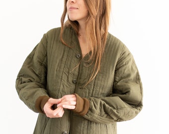 Vintage Olive Green Cotton Quilt Jacket | Unisex Euro Liner | Green piping Puffer | S M L | CC006