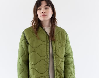 Vintage Celery Green Liner Jacket | Unisex Wavy Quilted Nylon Coat | S | LI244