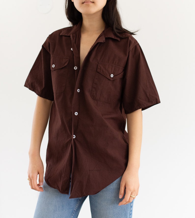 Vintage Overdye Hickory Brown Short Sleeve Shirt Flap Pocket Simple Cotton Work Blouse XS S image 5