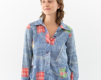 Vintage Print Denim Button Down Blouse | Americana Cotton Blend Summer Shirt | Made in USA | XS S |