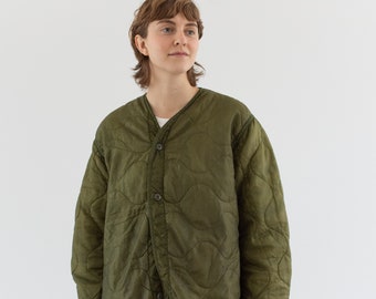 Vintage Green Liner Jacket | Unisex Wavy Quilted Nylon Coat | L | LI157